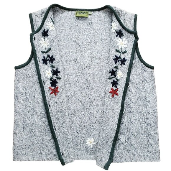 VTG Knit Sweater Vest Embroidered Flowers Gray Country Blue Wool Blend Womens M - Picture 6 of 11